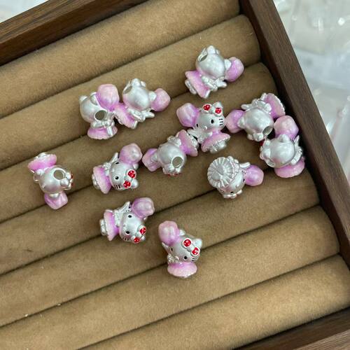 足银999纯银滴胶hellokitty猫串珠手链手串diy银饰配件送闺蜜礼物