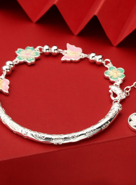 足银999珐琅滴油蝴蝶手镯2026年夏季新款甜美彩色花朵半镯手链