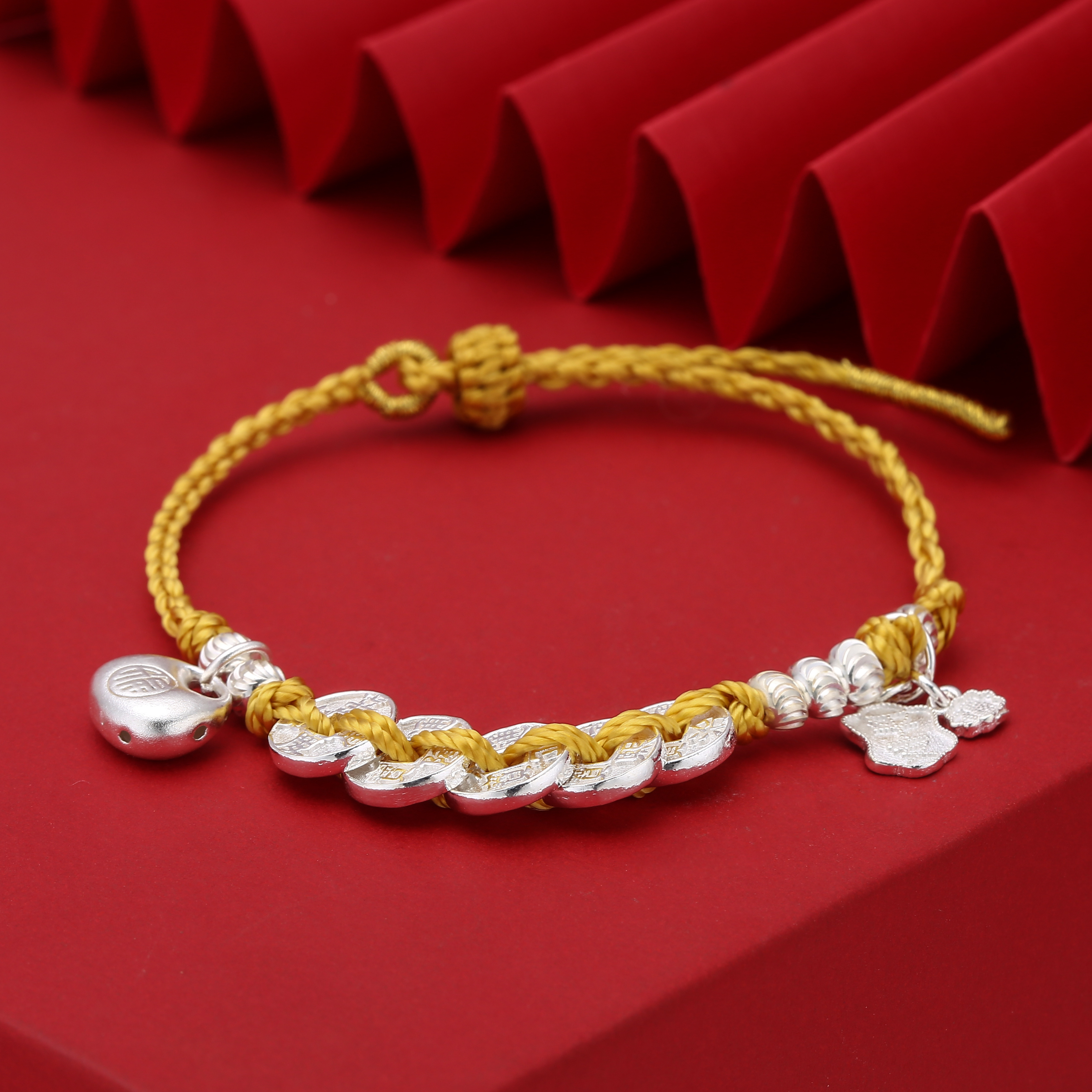 银饰手链女编织绳小胖福五帝钱