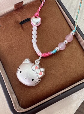 凯蒂猫足银999猫头纯银hellokitty桃花编绳凯蒂猫银项链吊坠