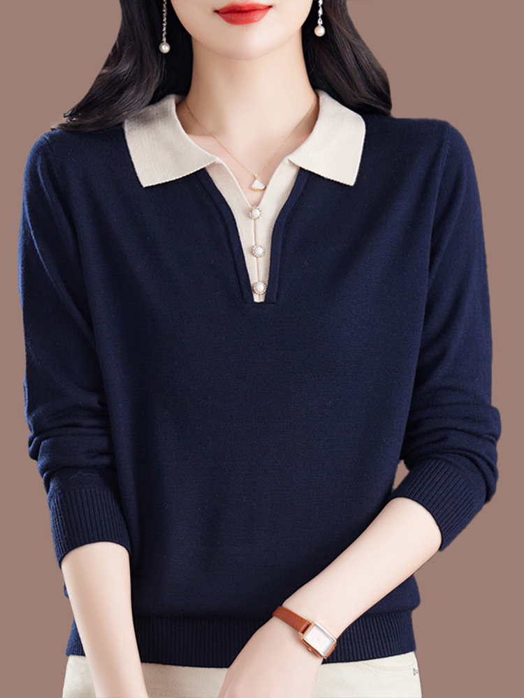 中年妈妈长袖t恤女春秋新款气质polo领桑蚕丝针织上衣薄款打底衫