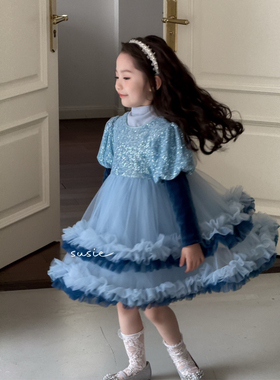 女童加绒蓬蓬冬季新款亮闪丝绒蛋糕裙气质生日礼服蓝色艾莎连衣裙