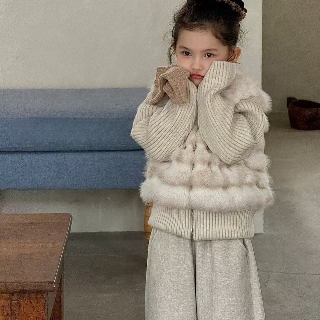 女童冬季软奶系针织皮草拼接外套女宝贵气夹棉加厚保暖上衣外套