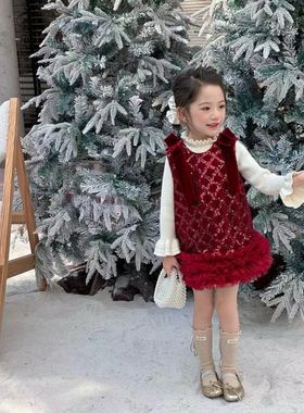 女童秋冬装节日加绒红色连衣裙2024新款儿童洋气公主裙拜年背心裙