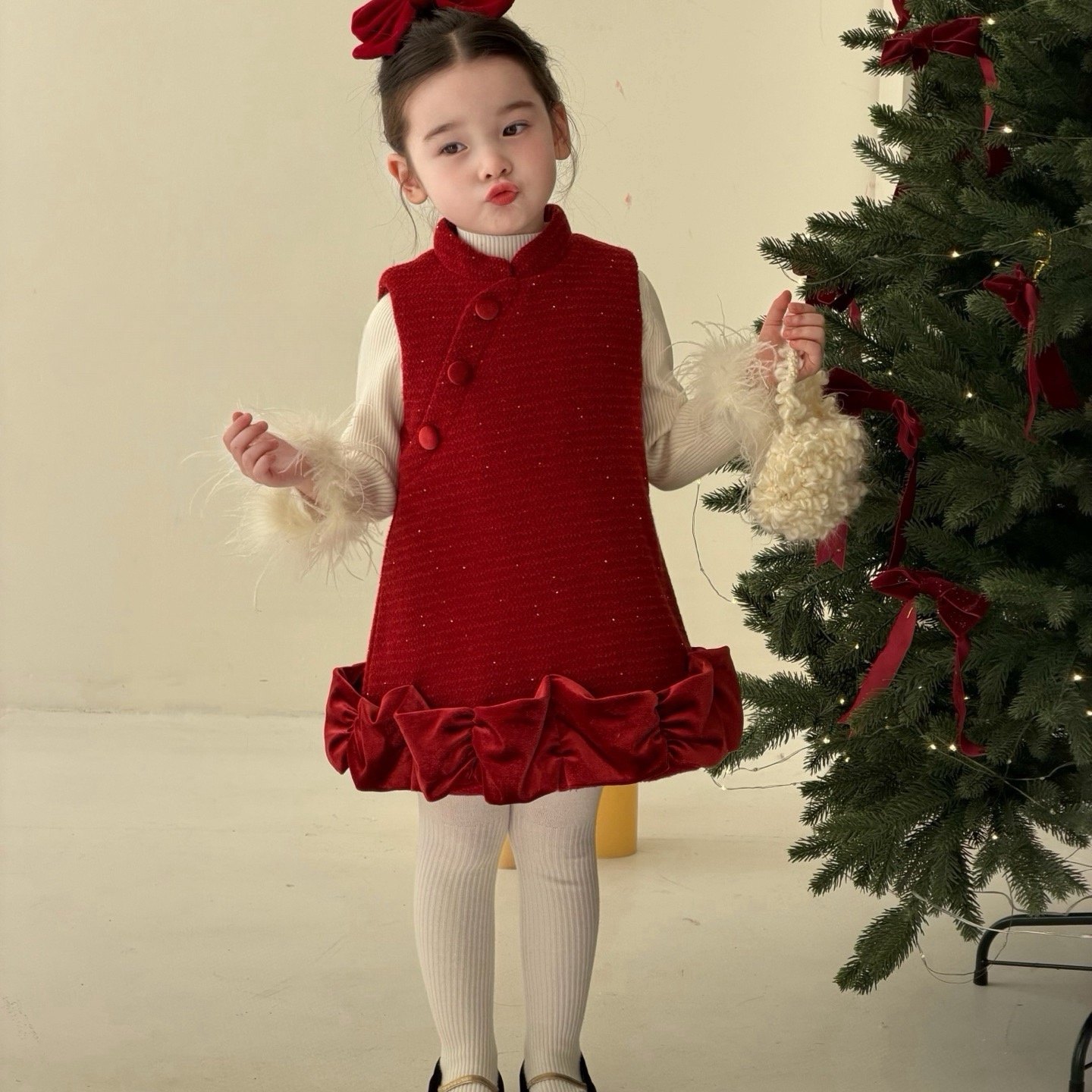 苏西女童红色新中式国风连衣裙冬款立领盘扣旗袍拜年服节日公主裙