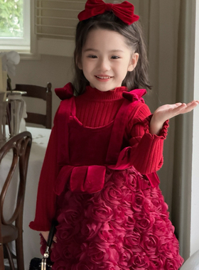 女童加绒冬款新年服红色国风旗袍玫瑰花边连衣裙背心裙女宝宝裙子