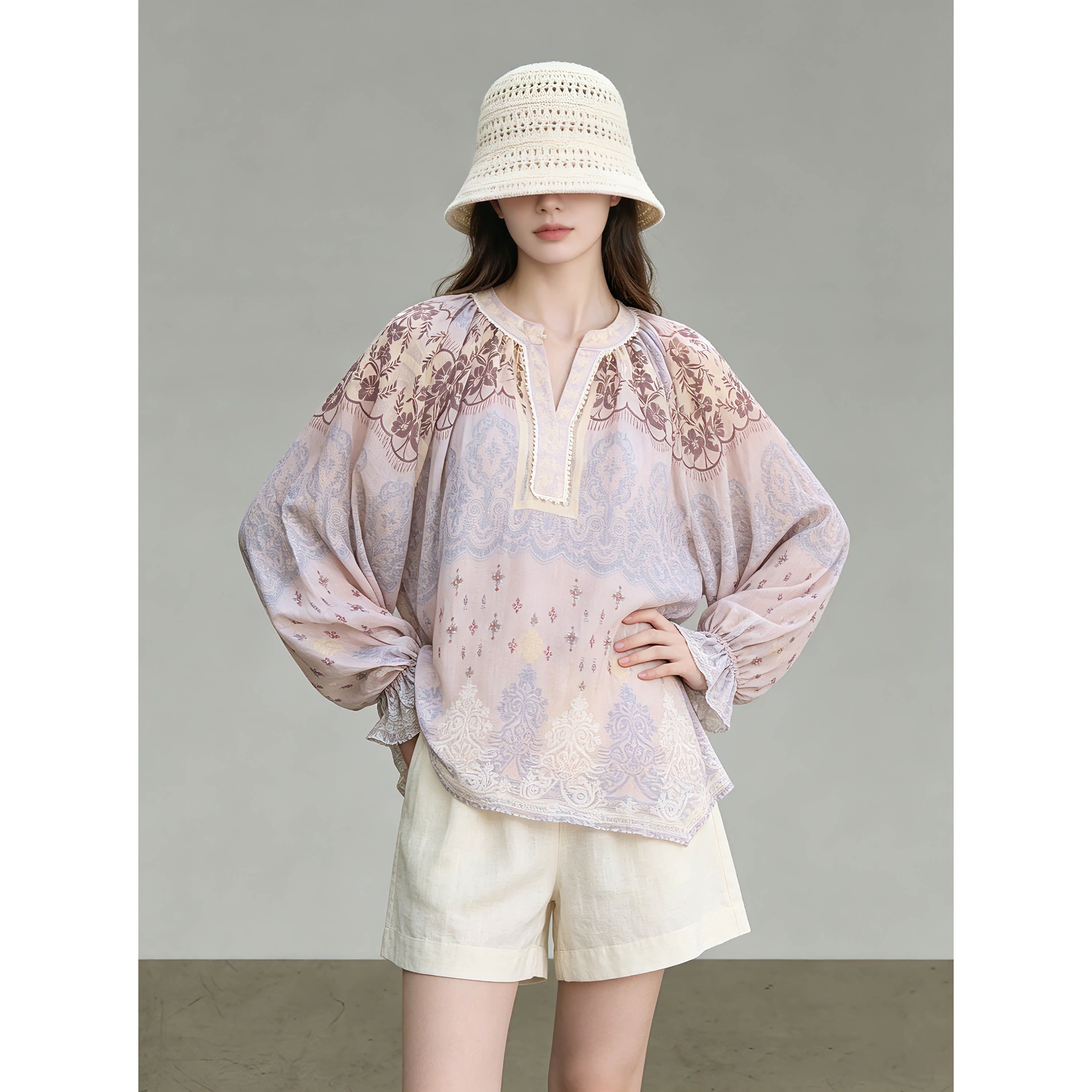 欧洲2026别致很仙的上衣灰紫色印花泡泡袖长袖衬衣重要场合漂亮衬