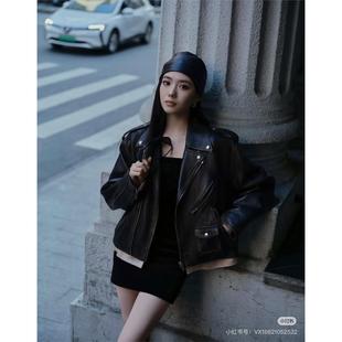 欧洲25秋冬刘浩存同款 夹克皮衣外套潮 黑色复古做旧帅气机车飞行