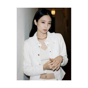 欧洲金智妮jennie同款白色针织花边翻领单排扣小香风气质开衫外套