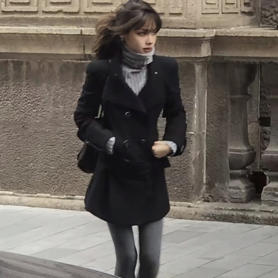 明星ranean同款黑色毛呢外套