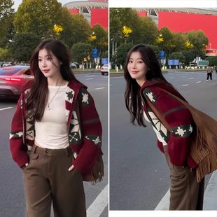 欧洲一枝南南同款红色复古冰岛雪花圣诞新年连帽毛衣针织开衫外套