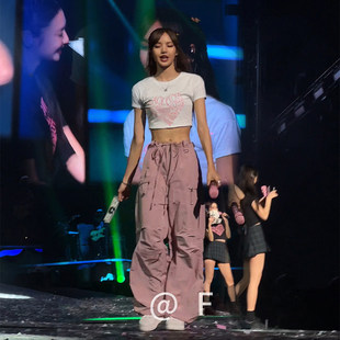 欧洲lisa同款裤子藕粉色工装裤夏季女美式复古高腰宽裤速乾薄款长