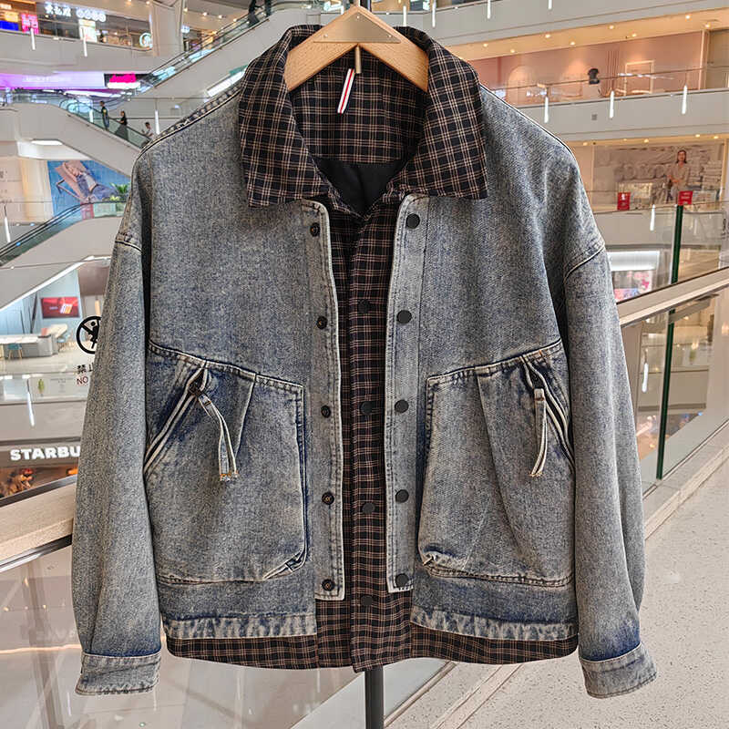 格子拼接牛仔假两件夹克宽松复古潮牌港风男士休闲外套青年上衣男