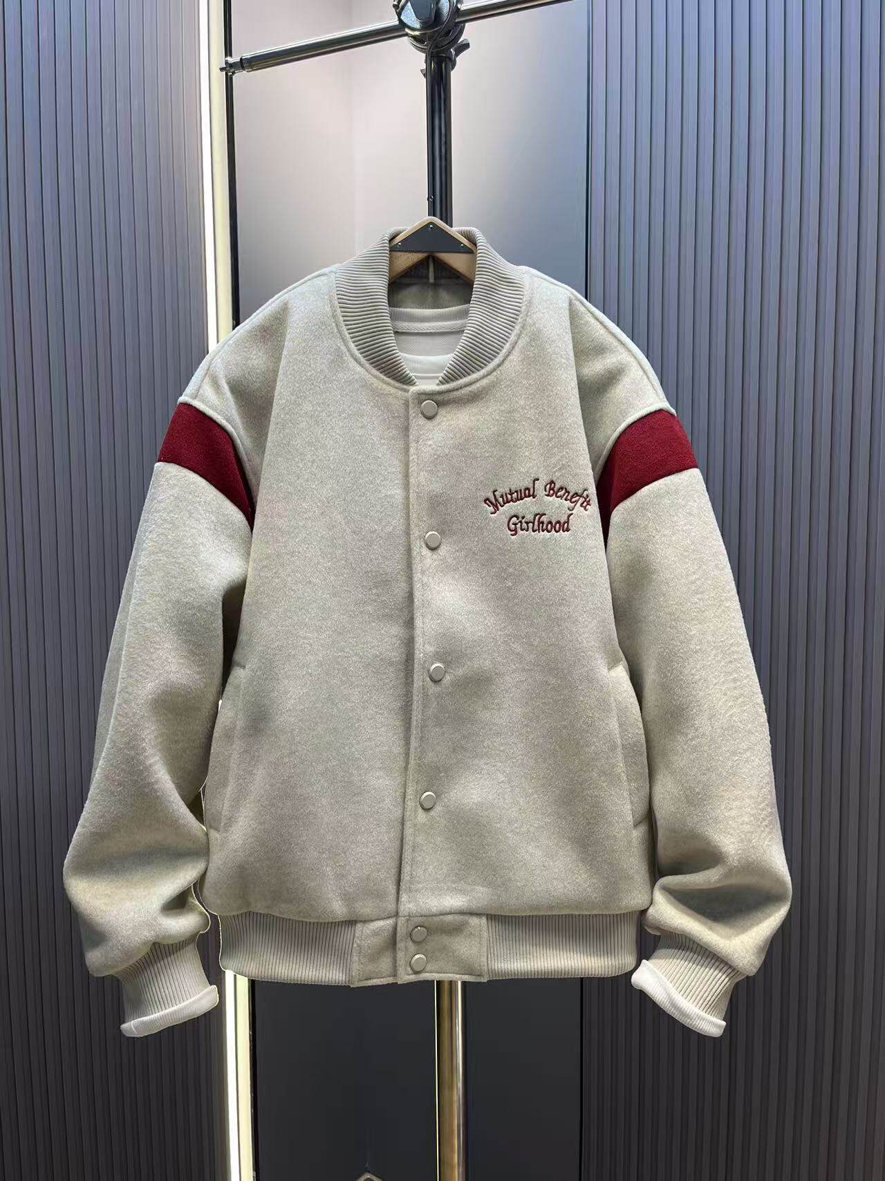 情侣款棒球服毛呢外套男加厚上衣拼接刺绣宽松休闲美式潮牌夹克男