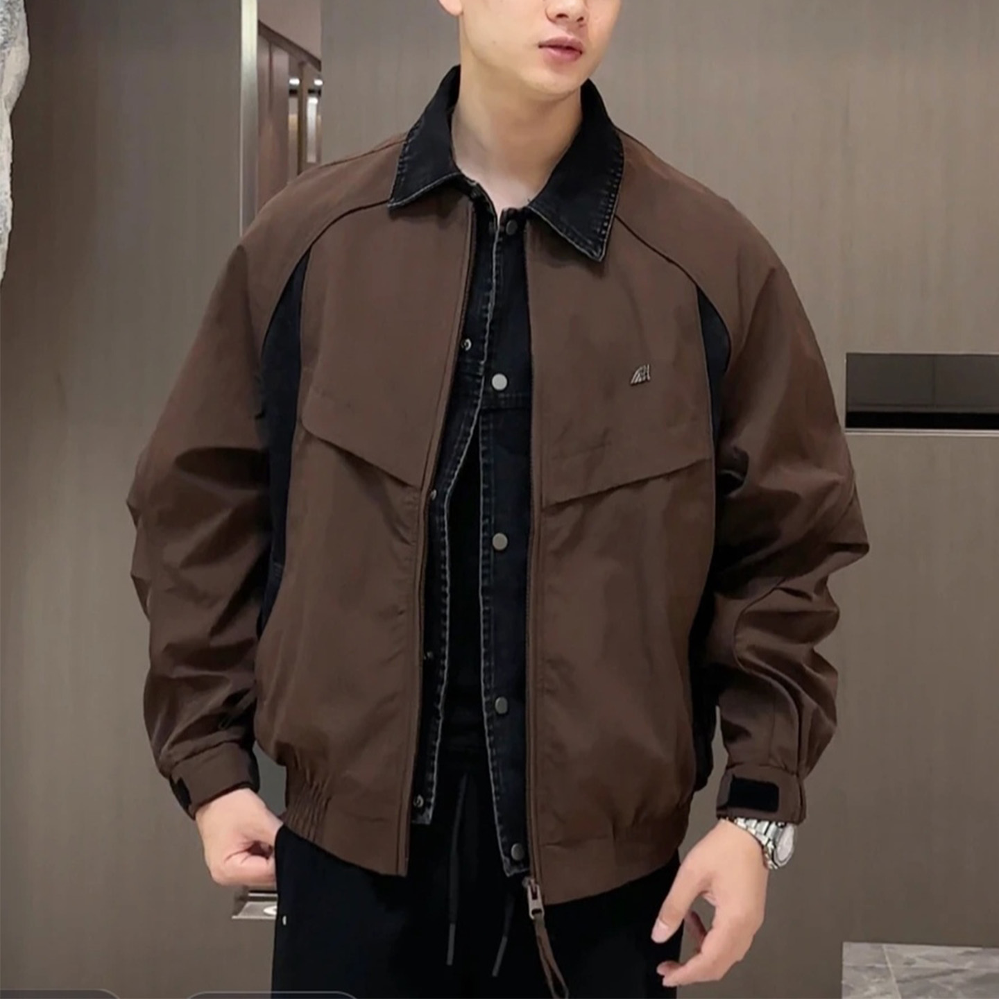 假两件外套男牛仔拼接宽松翻领纯色百搭潮牌秋季新款男士上衣夹克