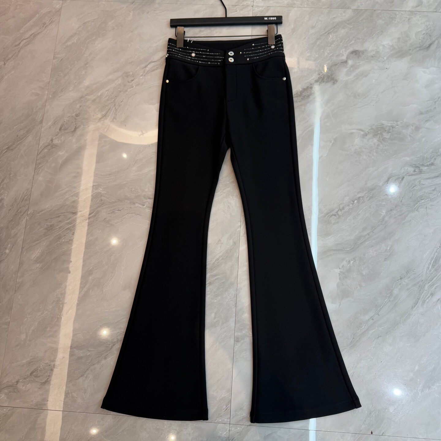 欧洲站2025冬季新款烫钻高腰修身显瘦加绒微喇休闲裤女气质显腿长