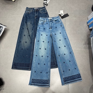 欧洲站2025秋冬新款重工刺绣烫钻高腰加绒直筒牛仔裤女显瘦拖地裤