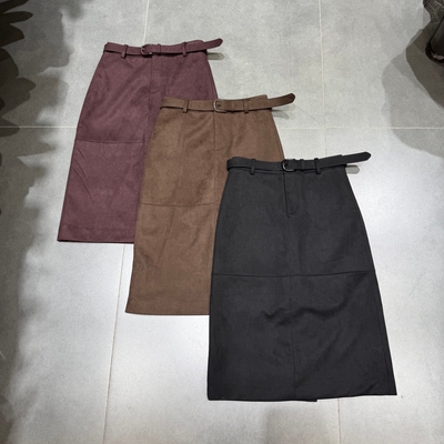 欧洲站2025秋季新款高腰显瘦后开叉中长款鹿皮绒半身裙女气质中裙