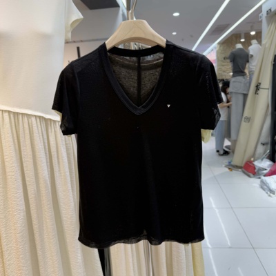 AiMi2025春夏新款韩版V领纯色显瘦短袖T恤女宽松百搭舒适打底上衣