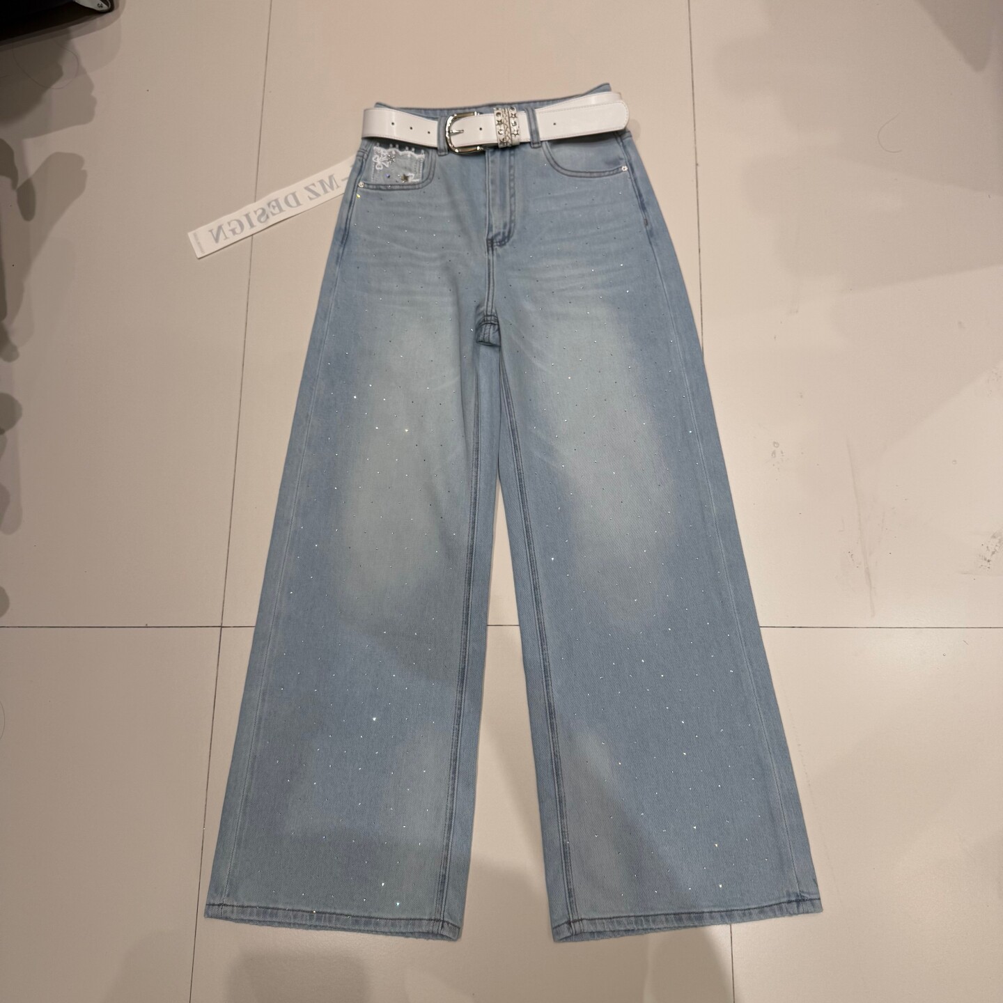 欧洲站2026春夏新款轻奢风蕾丝口袋烫钻高腰阔腿牛仔裤女洋气长裤