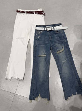 WEISU唯速2025夏季新款高腰弹力修身显破洞九分微喇牛仔裤女52618