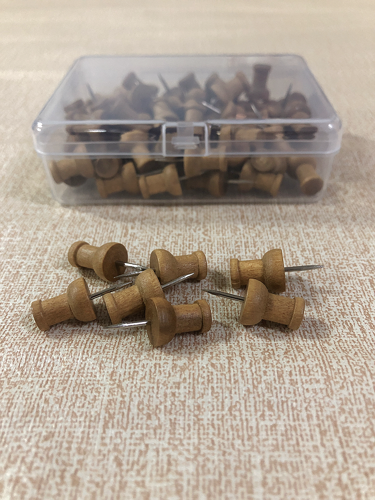 盒装木质图钉按压钉软木板钉子桦木制造多用途艺术创意标注钉包邮