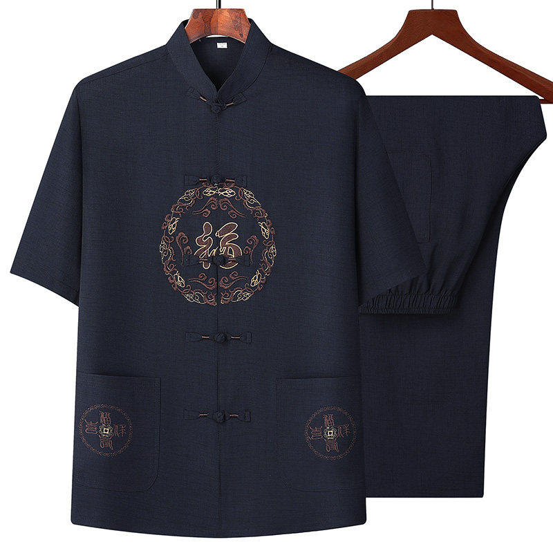 T222P80风爸爸装冰丝中老年套装唐装居士服汉服爷爷短袖衣服,男装民族服装,星座1108-2