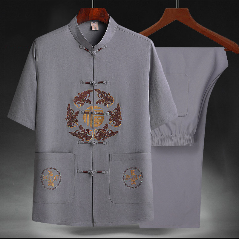 T201P40夏季爷爷短袖套装中老年唐装套装爸爸装风居士服汉服,男装民族服装,星座1108-2