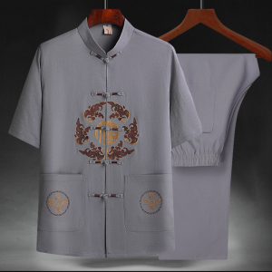 T201P40夏季爷爷短袖套装中老年唐装套装爸爸装风居士服汉服图片