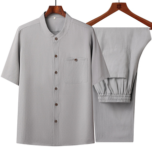 T207P85风棉麻中老年套装爸爸装唐装居士服汉服爷爷短袖衣服图片