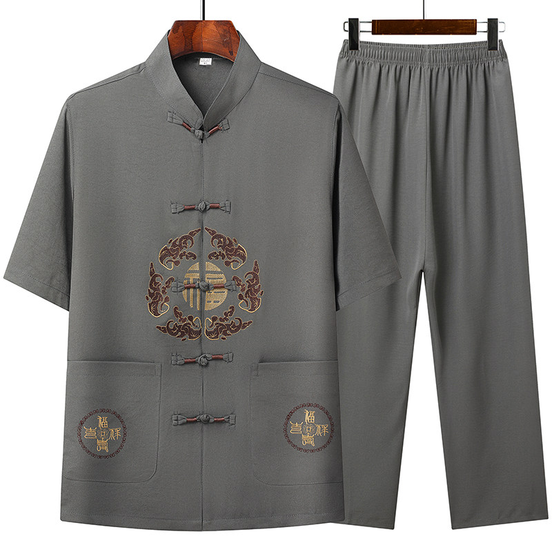 T201P42主推中老年唐装套装爸爸装风居士服汉服爷爷短袖套装,男装民族服装,星座1108-2