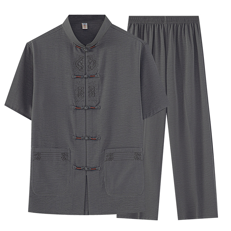 T218P42中老年冰丝唐装套装夏季短袖爸爸装汉服太极服休闲爷爷装，男装民族服装，星座1108-2