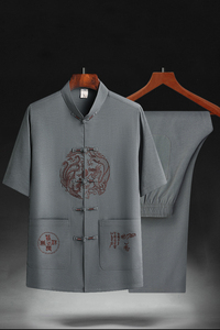 T211P40龙凤刺绣唐装爷爷套装中老年人汉服爸爸装风刺绣夏季图片