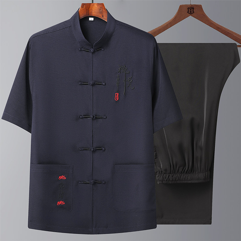 T208P55汉服爷爷太极服爸爸装风棉麻套装夏季刺绣唐装居士服图片