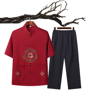 T201P42主推爷爷短袖套装中老年唐装套装爸爸装风居士服汉服图片