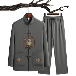 C201P48主推爷爷长袖套装中老年唐装秋季爸爸装风居士服汉服图片