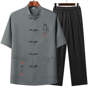 T208P55爸爸装风棉麻套装夏季刺绣唐装居士服汉服爷爷太极服图片