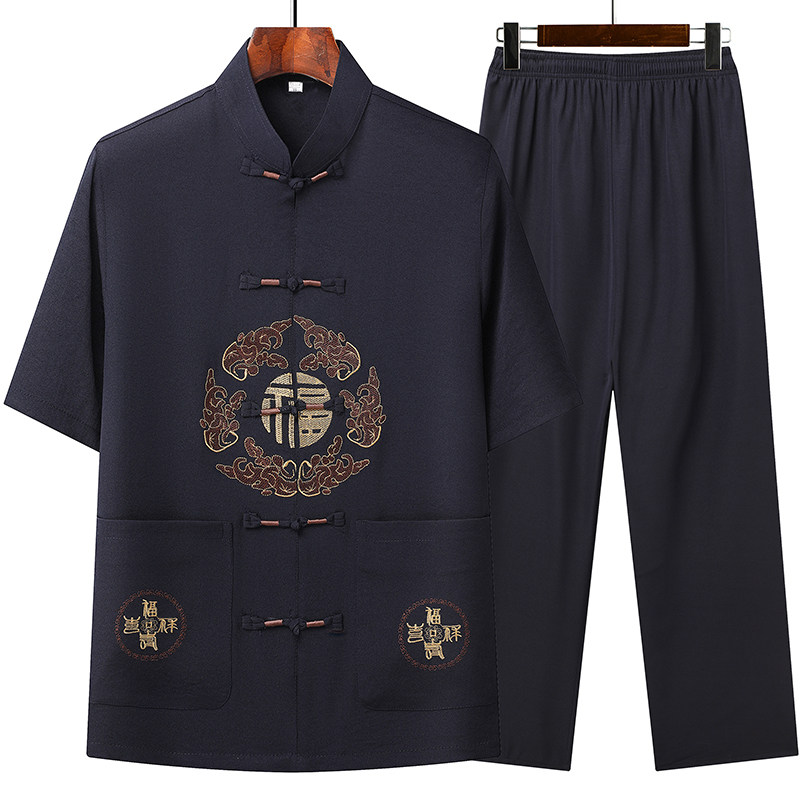 T201P42主推爷爷短袖套装中老年唐装套装爸爸装风居士服汉服图片