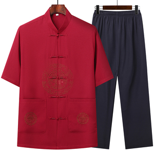 T206P42中老年棉麻唐装套装爸爸装风居士服汉服爷爷短袖套装图片