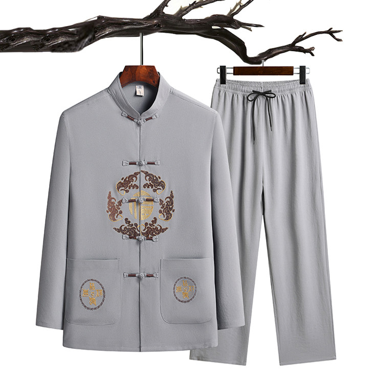 C201P48主推爷爷长袖套装中老年唐装秋季爸爸装风居士服汉服,男装民族服装,星座1108-2