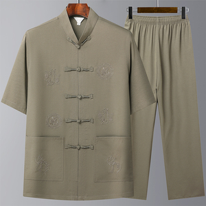T202P42爸爸装风居士服汉服爷爷短袖套装中老年唐装两件套图片