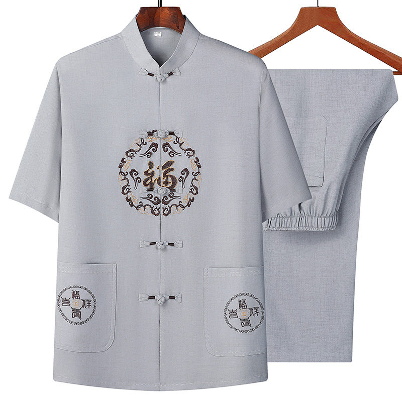 T222P80风爸爸装冰丝中老年套装唐装居士服汉服爷爷短袖衣服,男装民族服装,星座1108-2