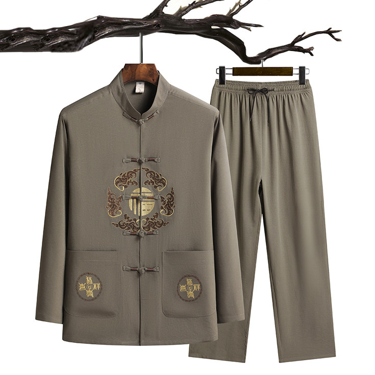 C201P48主推爷爷长袖套装中老年唐装秋季爸爸装风居士服汉服,男装民族服装,星座1108-2