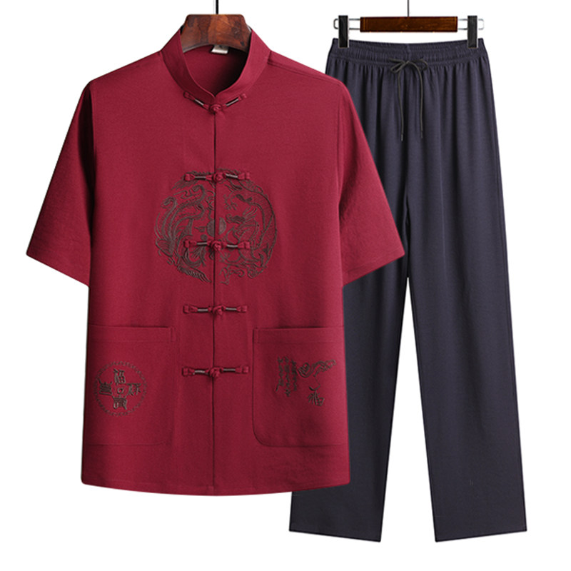 T211P40特批夏季风刺绣汉服爷爷套装中老年人唐装爸爸装,男装民族服装,星座1108-2