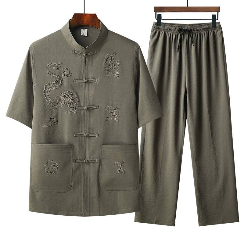 T216P40夏季棉麻风套装盘扣宽松唐装汉服爷爷太极服爸爸衣服,男装民族服装,星座1108-2