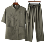 T216P40夏季棉麻风套装盘扣宽松唐装汉服爷爷太极服爸爸衣服，男装民族服装，星座1108-2