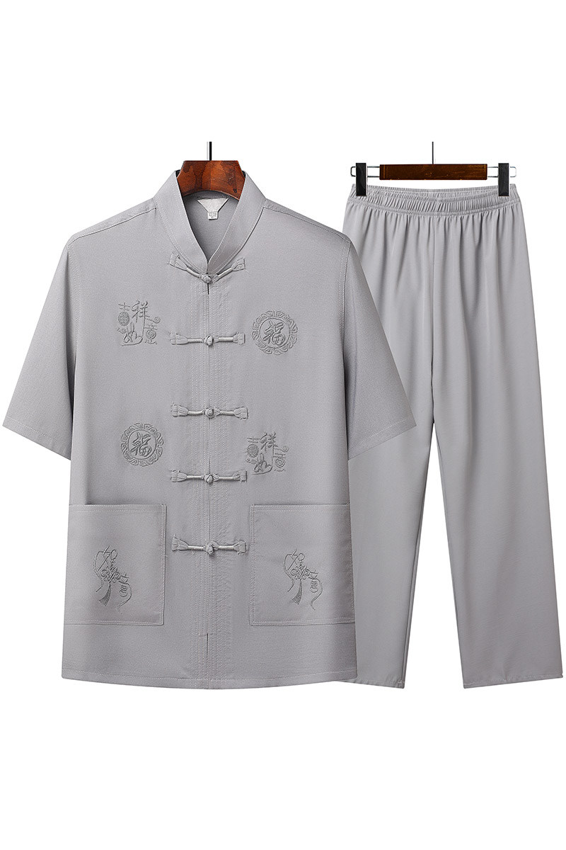 T202P42爸爸装风居士服汉服爷爷短袖套装中老年唐装两件套,男装民族服装,星座1108-2