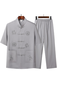T202P42爸爸装风居士服汉服爷爷短袖套装中老年唐装两件套图片
