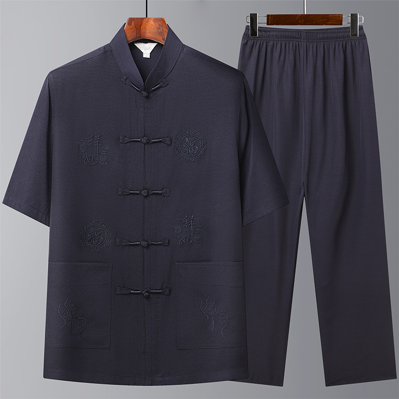 T202P42爸爸装风居士服汉服爷爷短袖套装中老年唐装两件套,男装民族服装,星座1108-2
