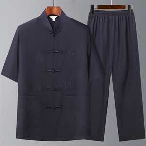 T202P42爸爸装风居士服汉服爷爷短袖套装中老年唐装两件套图片